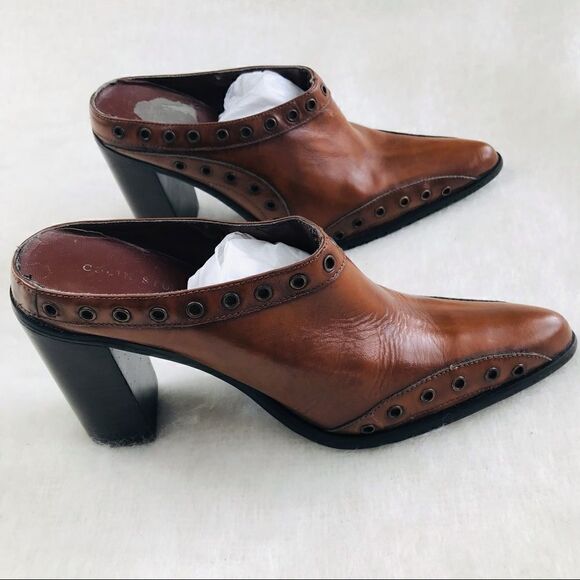 Colin Stuart Brown Pointed Toe Heeled Mule Slip On Shoes with Grommet detailing - Picture 7 of 12